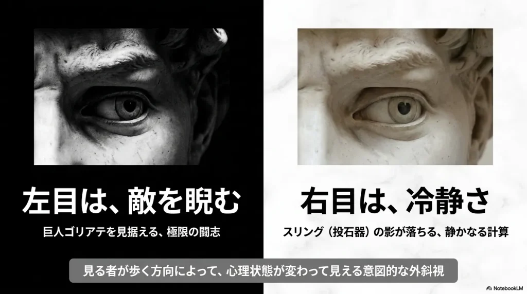 ダビデ像の左目は敵を見据える闘志、右目は冷静さを表しており、意図的な外斜視で作られていることを示すスライド