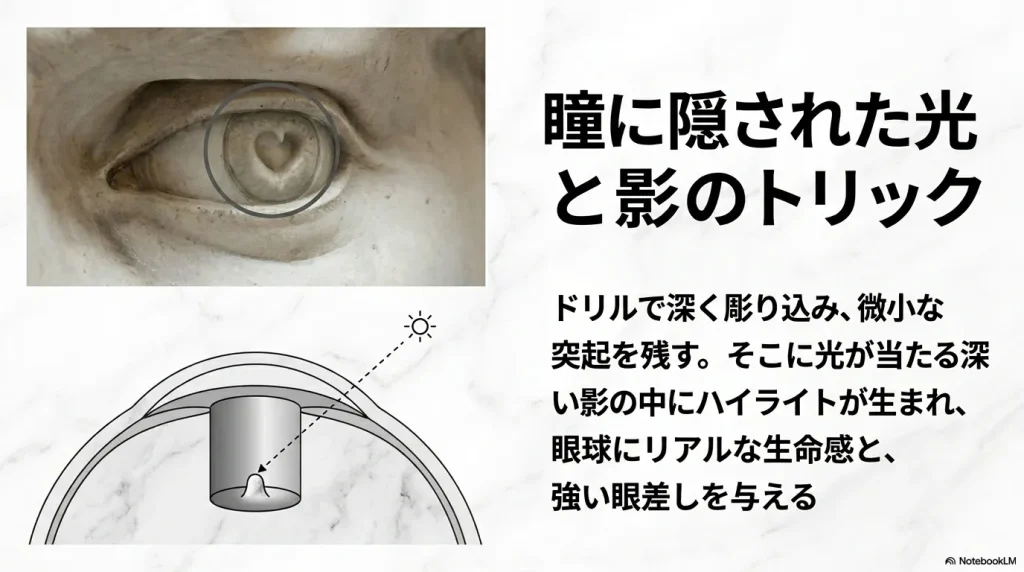 ダビデ像の瞳にドリルで深く彫り込みを入れることで、光と影のトリックによりハート型のハイライトが生まれている様子を拡大した写真