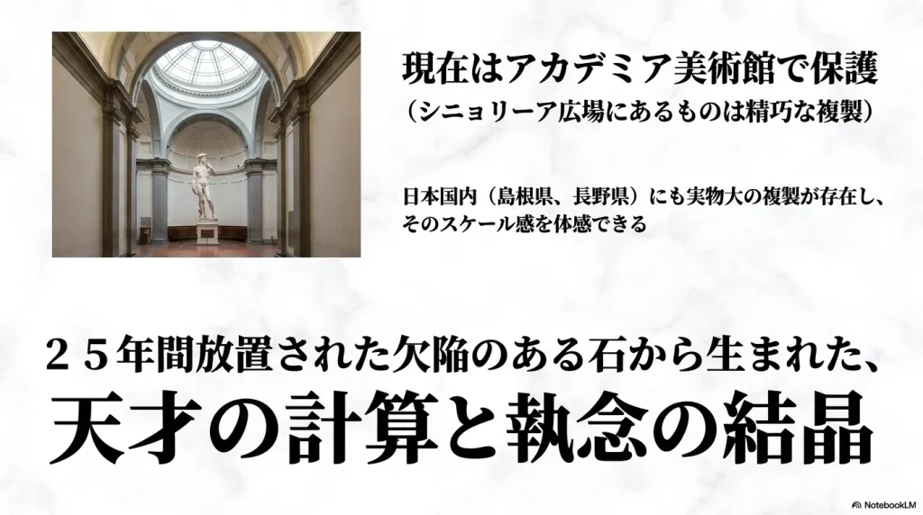 現在アカデミア美術館に保護されているダビデ像の写真。25年間放置された欠陥のある石から作られたことも記載されている