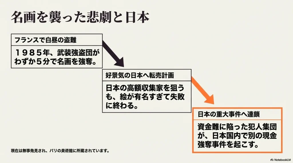 1985年にフランスで発生した白昼の名画強奪事件と、好景気の日本への転売計画、そしてそれが日本の現金強奪事件へ連鎖した歴史