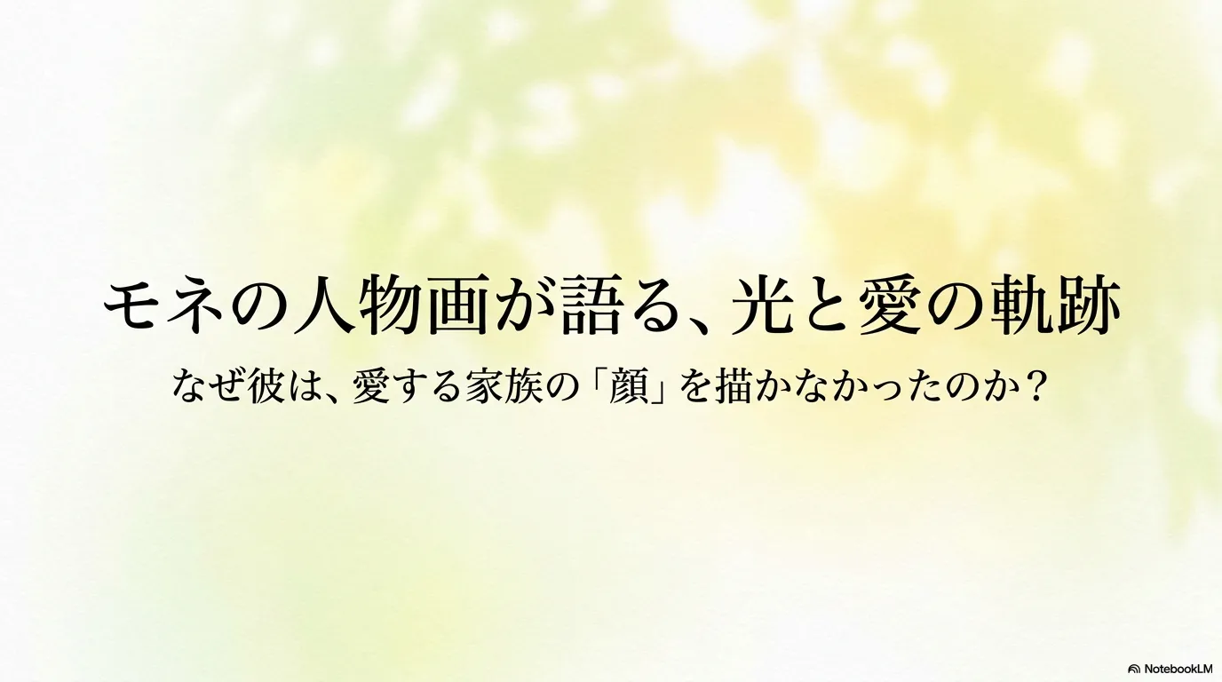 モネの人物画が語る、光と愛の軌跡」というタイトルと、「なぜ彼は、愛する家族の『顔』を描かなかったのか？」という問いが記された、モネの生涯を象徴する導入スライド 。