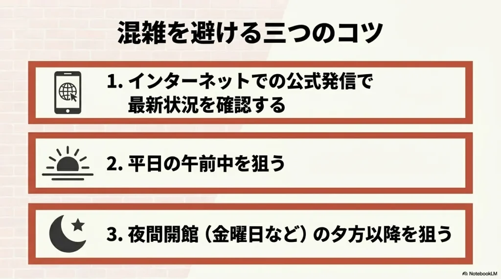 公式発信の確認、平日の午前中、夜間開館の夕方以降を狙うという混雑を避ける3つのコツ
