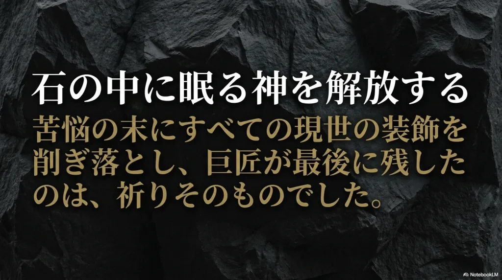 石の中に眠る神を解放する。苦悩の末にすべての現世の装飾を削ぎ落とし、巨匠が最後に残したのは祈りそのものでした。