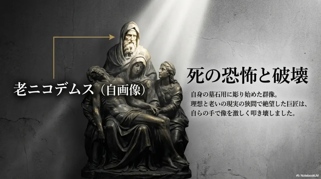 老ニコデムスとしての自画像。理想と老いの現実の狭間で絶望した巨匠は、自身の墓石用に彫り始めた群像を死の恐怖から自らの手で激しく叩き壊しました。