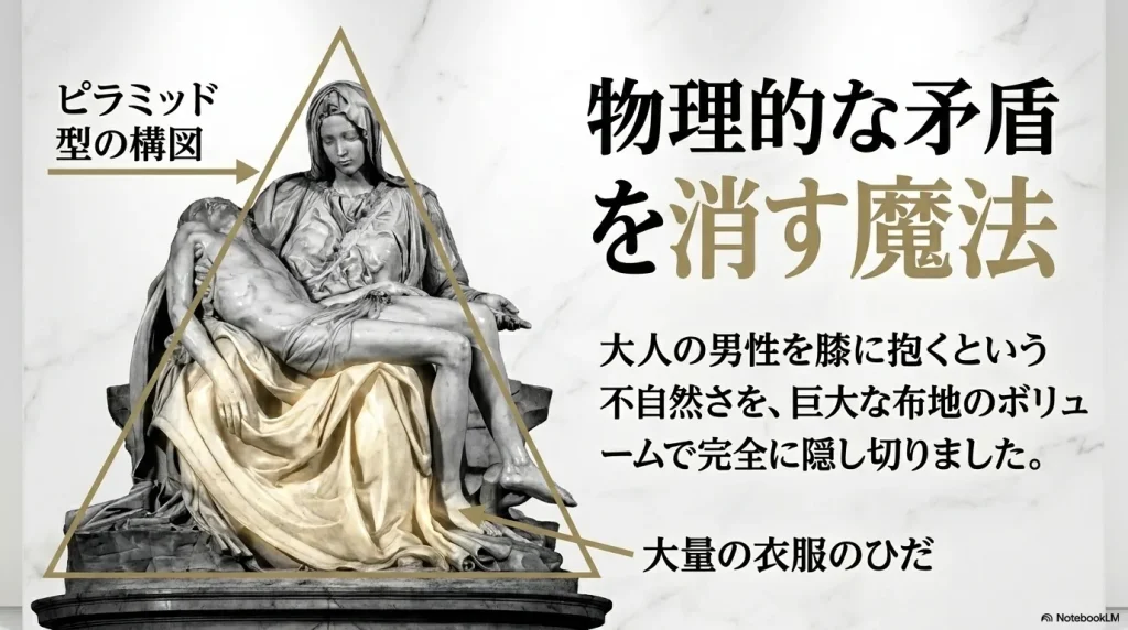 ピラミッド型の構図。大人の男性を膝に抱くという不自然さを巨大な布地のボリュームで完全に隠し切り、物理的な矛盾を消す魔法。