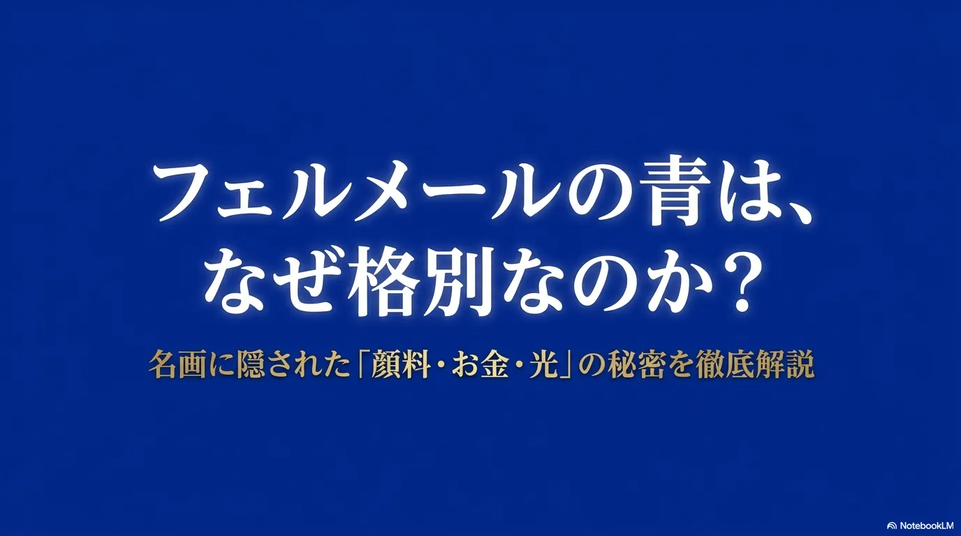 「フェルメールの青は、なぜ格別なのか? 名画に隠された『顔料・お金・光』の秘密を徹底解説」と書かれた、本記事の導入となるタイトルスライド 。