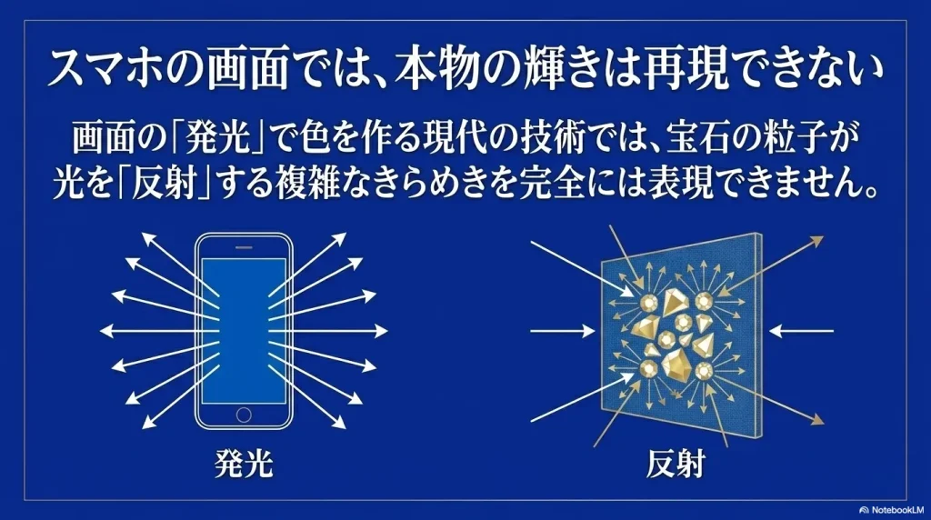 スマホの画面では本物の輝きは再現できないとし、画面の「発光」で色を作る現代技術では、宝石の粒子が光を「反射」する複雑なきらめきを完全には表現できないことを図解したスライド 。