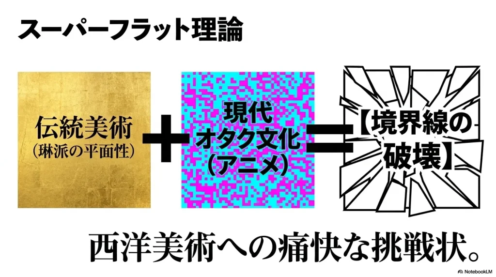 伝統美術と現代オタク文化(アニメ)の境界線を破壊する「スーパーフラット理論」を表現した、ひび割れた「破壊】」の文字が含まれるスライド。西洋美術への挑戦状と言及されています。