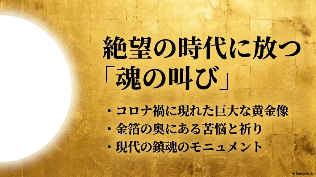 コロナ禍に現れた巨大な黄金像の金箔の奥にある苦悩と祈り、現代の鎮魂のモニュメントとしての「魂の叫び」を解説するスライド。