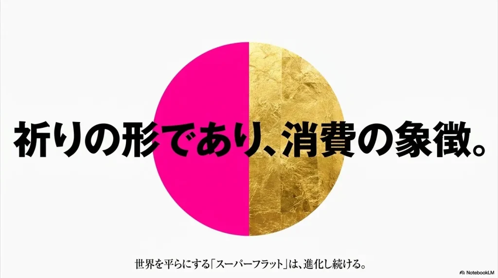 「祈りの形であり、消費の象徴。」という言葉と共に、世界を平らにする「スーパーフラット」が進化し続けることを示す、スライドの結び。
