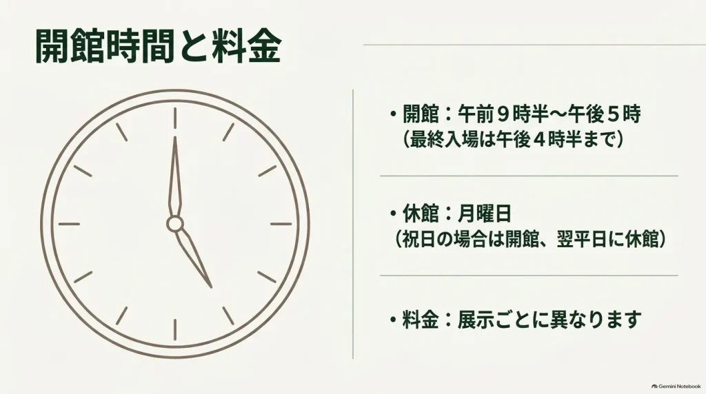 大阪市立美術館の開館時間(9時半〜17時)、休館日(月曜)、料金に関する案内