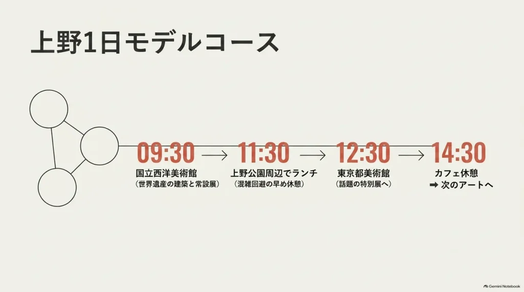 9:30から始まる上野の美術館を巡る1日モデルコースのタイムスケジュール